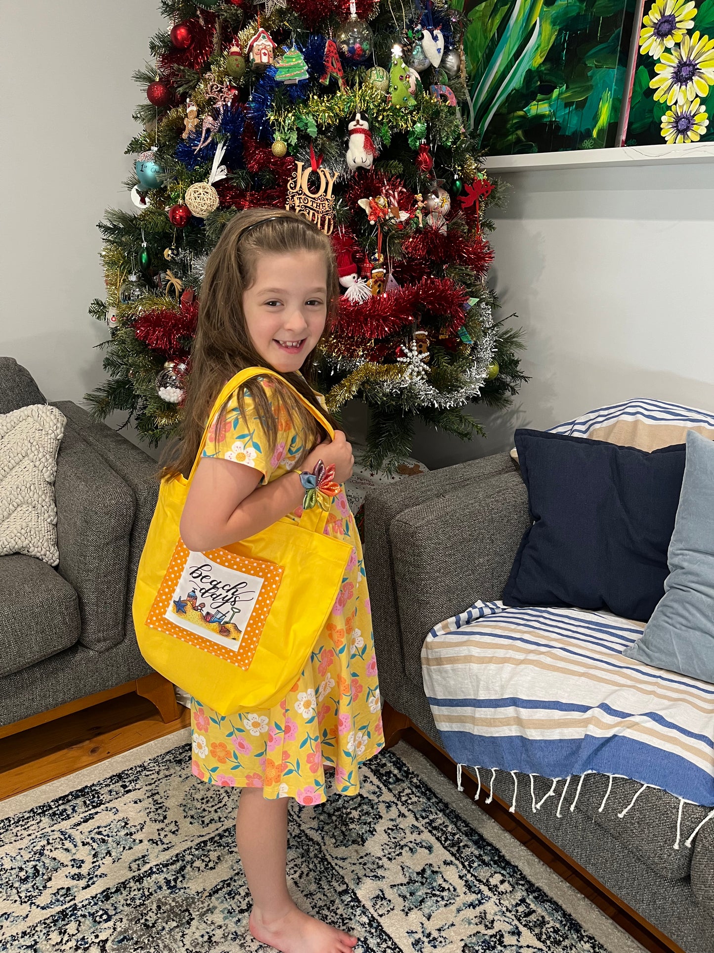 Mini ‘Beach Days’ Tote Bag - yellow and orange and sunnies! Longer strap