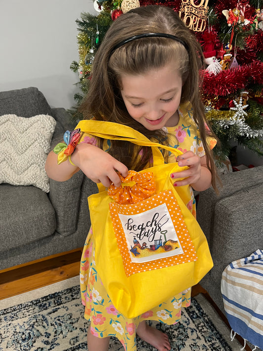 Mini ‘Beach Days’ Tote Bag - yellow and orange and sunnies! Longer strap