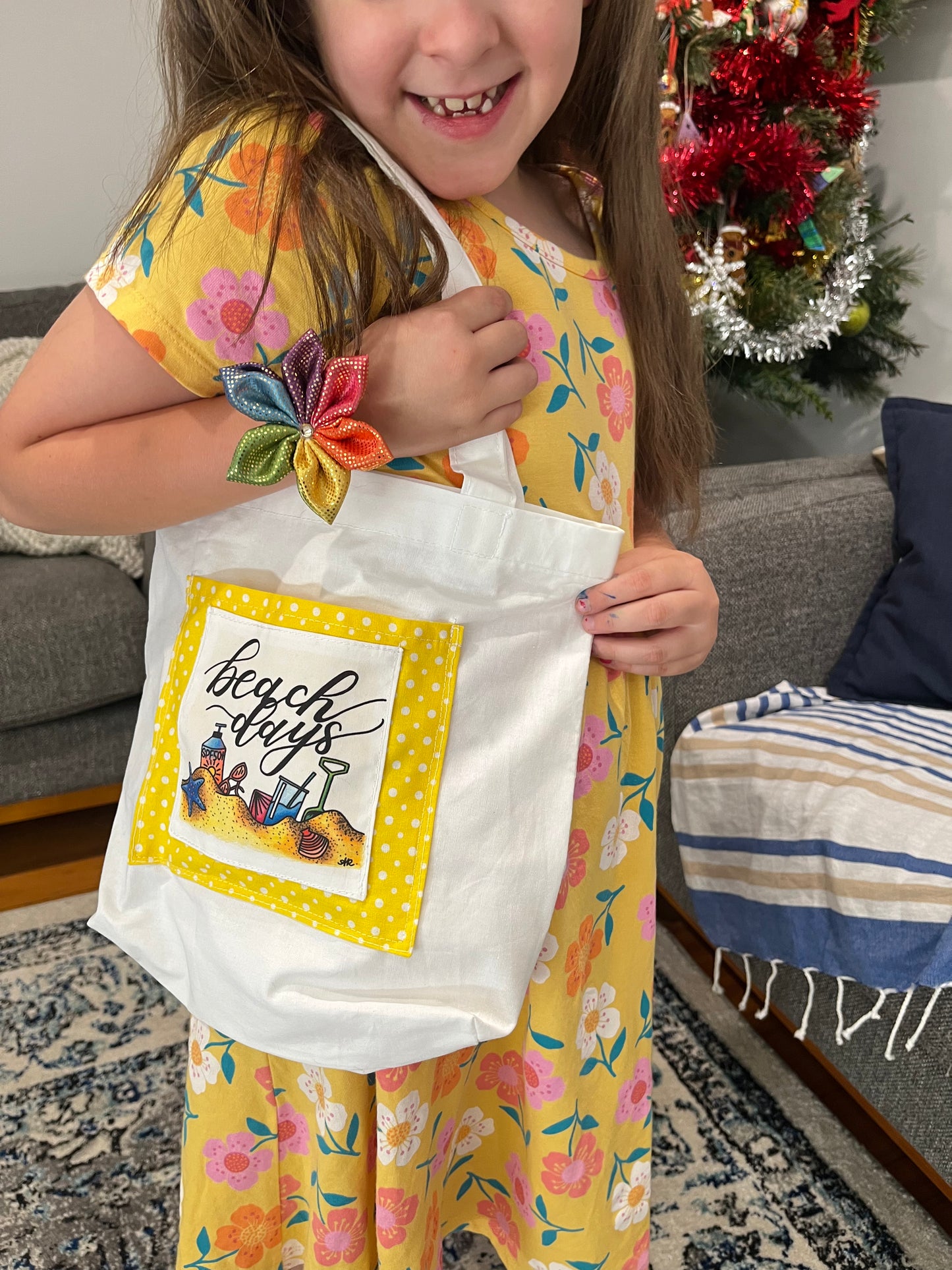 Mini ‘Beach Days’ Tote Bag - yellow with sunnies! Longer strap