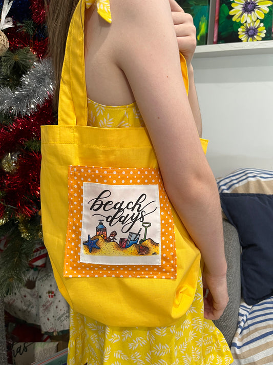 Mini ‘Beach Days’ Tote Bag - yellow and orange and sunnies! Longer strap