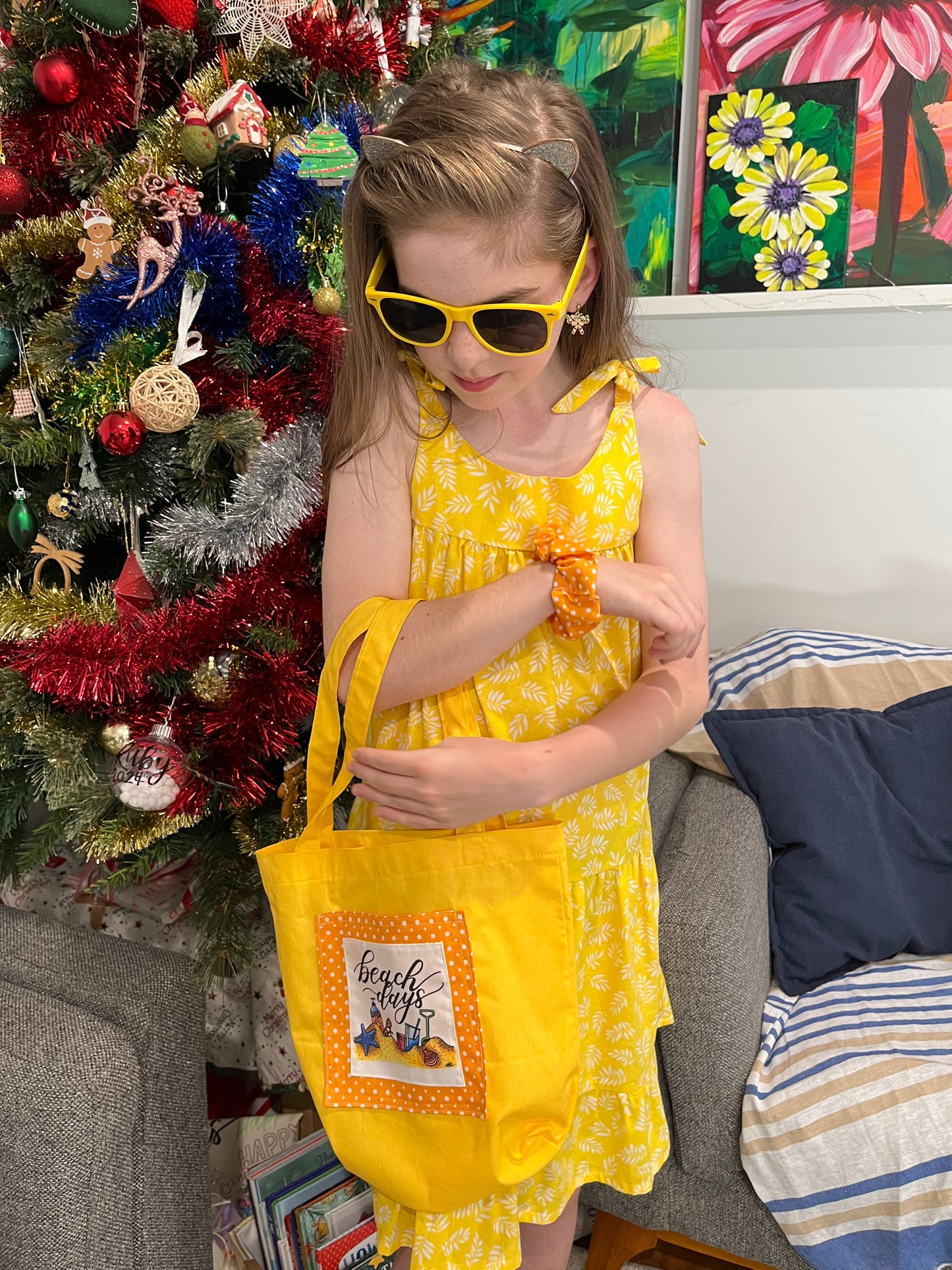 Mini ‘Beach Days’ Tote Bag - yellow and orange and sunnies! Longer strap